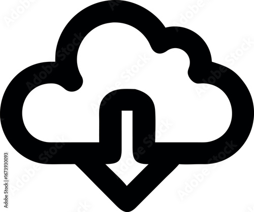 Bold black line icon of a cloud with a downward arrow, a universal symbol for downloading, data storage, and online file transfer