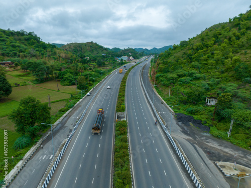 Aerial Drone View of Rajasthan National Highway in Aravalli Mountain Range
