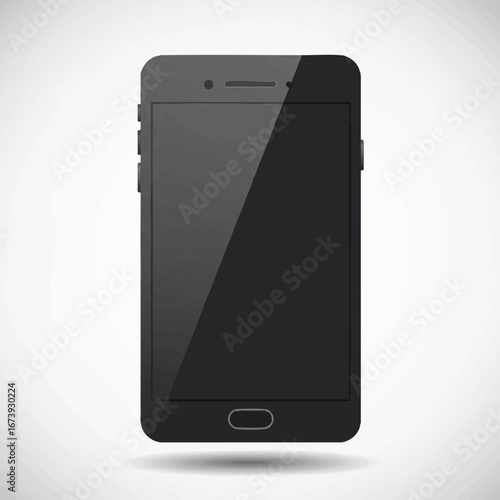 A black smartphone with a blank screen is displayed against a white background, casting a subtle shadow.