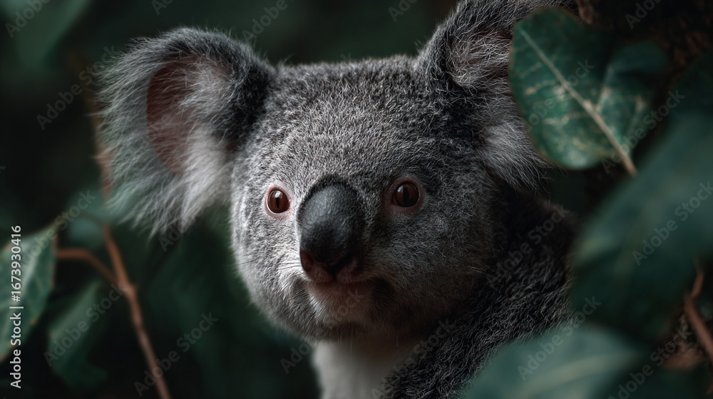 Obraz premium Koala sitting on a eucalyptus tree branch.