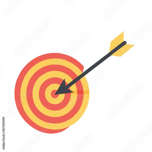 Arrow hitting the bullseye of a circular target.  Success, accuracy, and precision are visually represented.