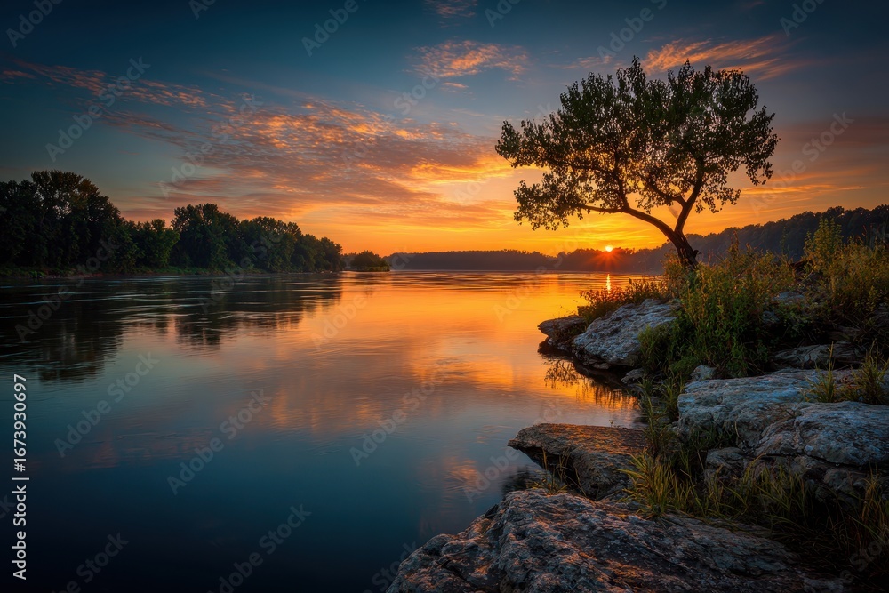 Obraz premium Indiana River Sunrise: Tranquil Waterscape with Silhouetted Trees and Orange Sky