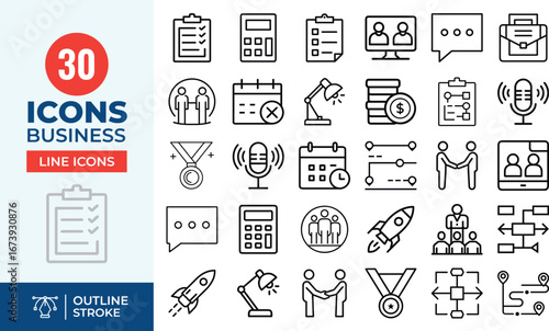 30 Business & Finance Line Icons – Communication, Teamwork, Awards, Technology, Growth, Calculator Tools