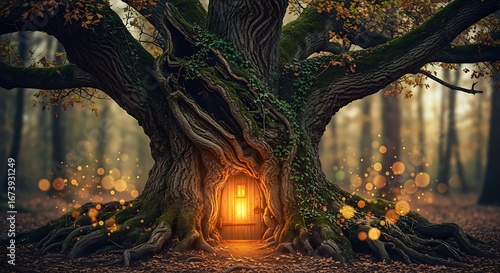 Enchanted tree with a glowing door in a mystical and serene forest