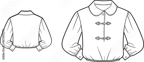 Front and back view shirt illustration, fashion garment drawing, buttoned blouse design, long sleeve top vector, clothing template art