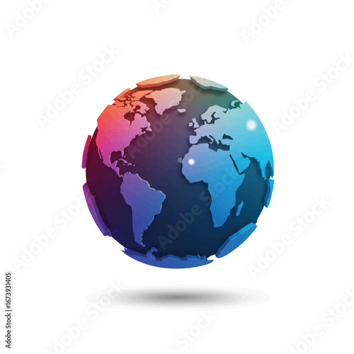 A colorful globe illustration showing continents with a segmented design, casting a soft shadow on a white background.