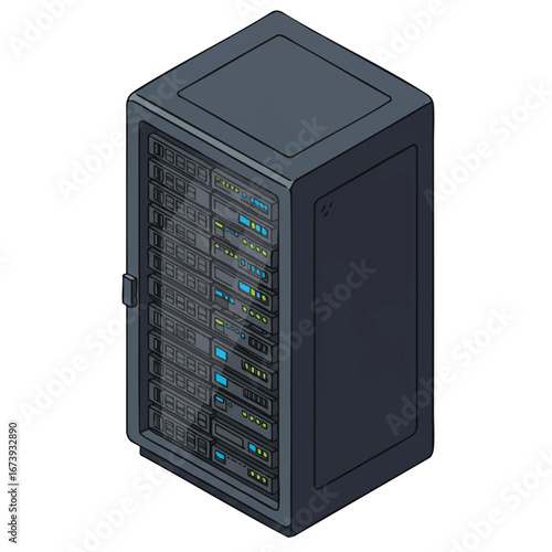 Isometric illustration depicts a server rack with multiple functioning computer units inside.
