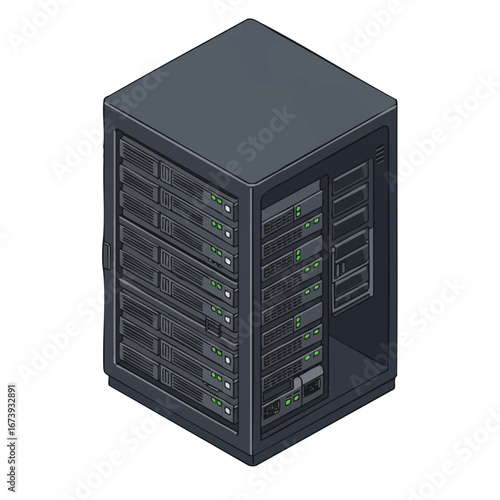 Isometric illustration of a server rack with multiple servers, showing green indicator lights.