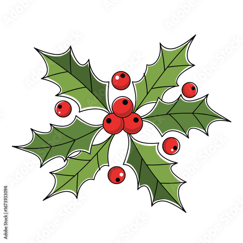 Festive holly branch with vibrant green leaves and bright red berries, perfect for holiday designs