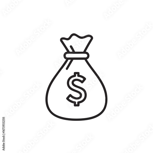 A line drawing of a money bag with a dollar sign on it, tied at the top.