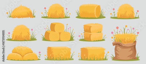 Hay Bale Collection Vector Illustration: Rustic Farm Harvest Elements for Agricultural Design Projects and Rural Scenes