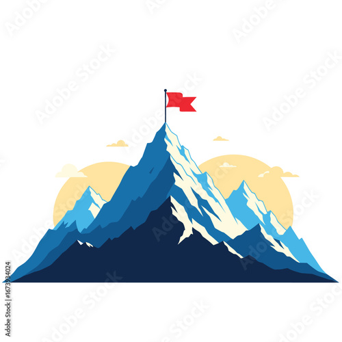 Summit success achieved with iconic red flag atop majestic snow-capped mountain peak