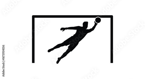 Goalkeeper jumping to catch a ball in a soccer goal silhouette