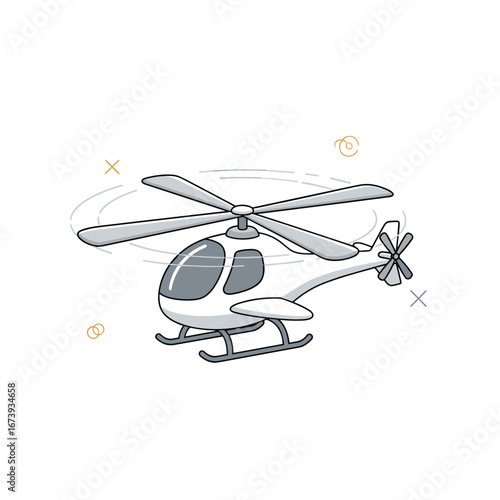 Sleek white helicopter mid-flight with spinning rotor blades, ready for transport or adventure