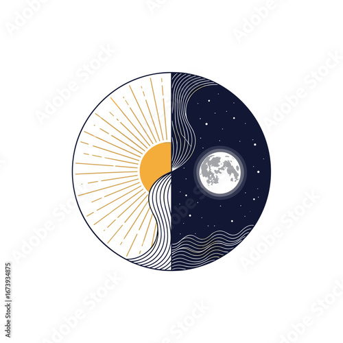 Celestial Yin Yang symbol with sun, moon, stars and abstract waves creating perfect day night balance