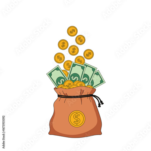Overflowing money bag spilling gold coins and cash, symbolizing wealth and financial success
