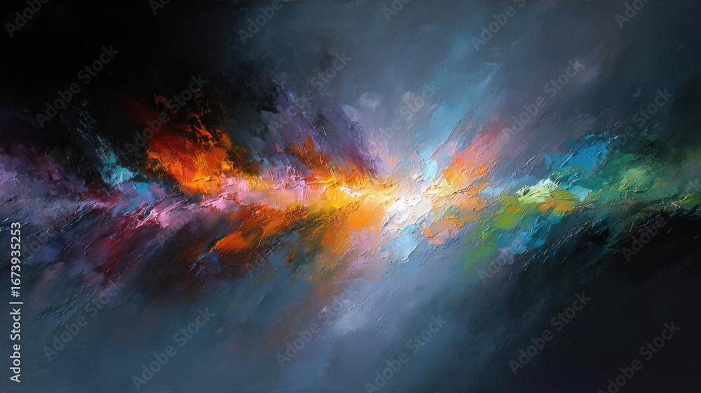 Fototapeta premium Wide expressive brush stroke blending multiple colors across a dark surface, abstract painterly energy captured dramatically