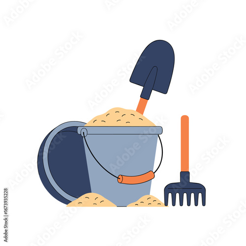 Joyful summer beach fun with bucket, shovel, and rake ready for sandcastle creation