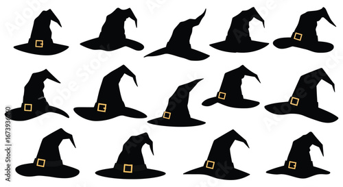 Collection of black witch hats with gold buckles in various positions