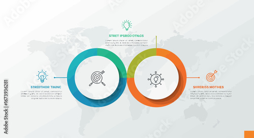 Infographic business data visualization with circle diagrams and world map background