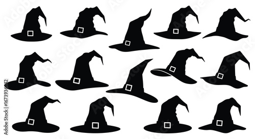 Collection of various black witch hats with buckles on white background