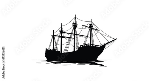 a black silhouette of a sailing ship on water with white background
