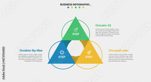 Infographic template showing three steps with triangles and circles design