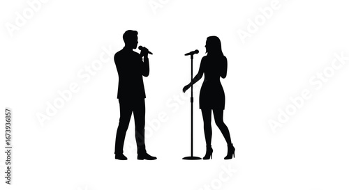 Silhouette of a man and woman singing into microphones together