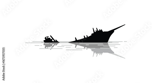 a black silhouette of a large ship and a small boat on calm water