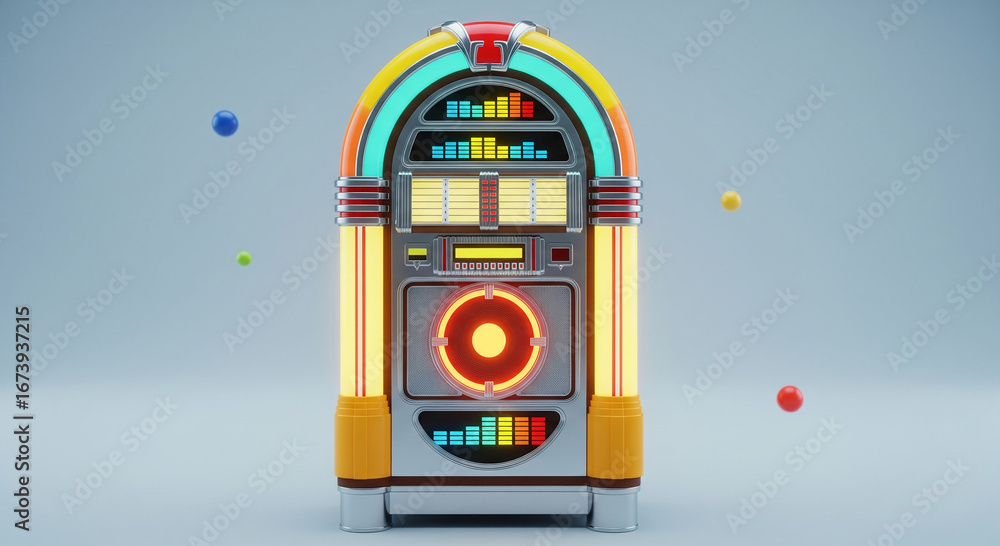 Naklejka premium A vibrant and colorful retro jukebox with neon lights and floating spheres, creating a nostalgic and energetic atmosphere