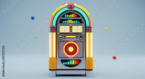 A vibrant and colorful retro jukebox with neon lights and floating spheres, creating a nostalgic and energetic atmosphere