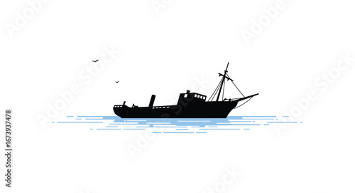 a black silhouette of a boat on calm water with birds flying overhead