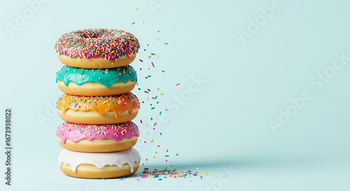 A colorful stack of donuts with sprinkles on a light blue background, perfect for a sweet treat or celebration