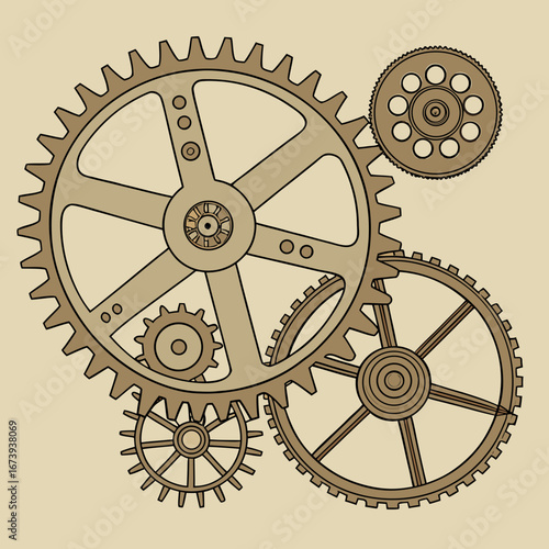 A collection of vintage sepia toned gears and cogs interlocking in a mechanical arrangement on a light brown background