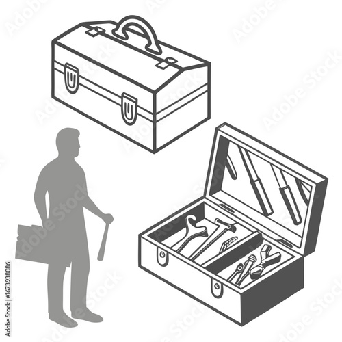 A person stands with a toolbox and an open toolbox filled with various tools and implements