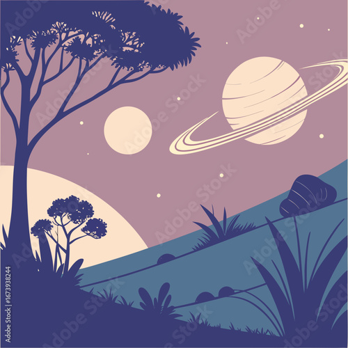 Alien planet landscape with a large ringed planet and moon in a purple sky