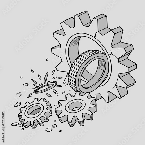 Broken mechanical gears and shattered pieces symbolize system failure and the breakdown of machinery in a schematic illustration