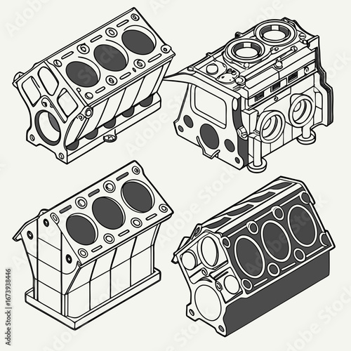 Collection of four detailed isometric line art illustrations of various engine cylinder blocks