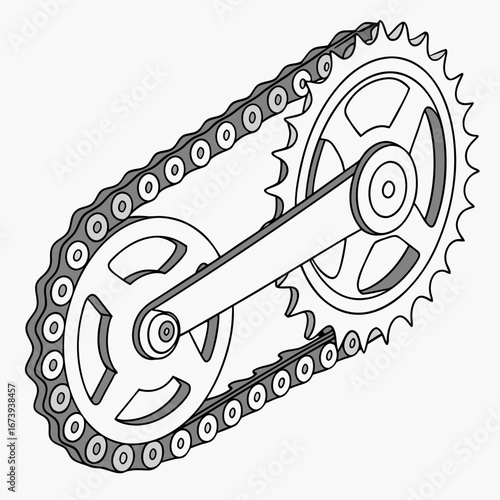 Close up illustration of a bicycle chain and sprockets connected by a crank arm on a white background