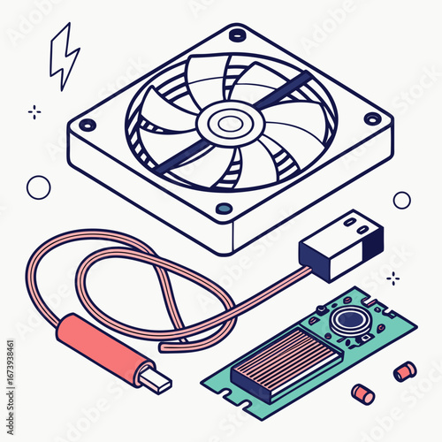 Computer cooling fan and components including a circuit board and usb cable in isometric view