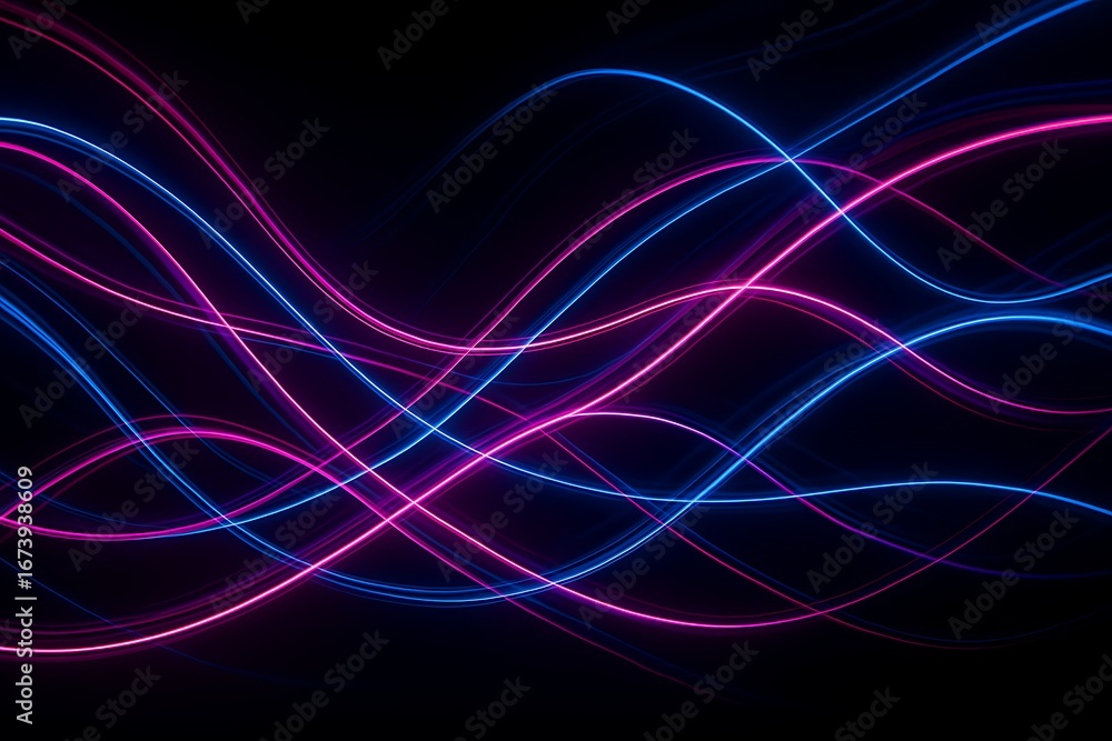 Naklejka premium Luminous waves of intertwined pink and blue neon light trails glowing against a dark, futuristic background