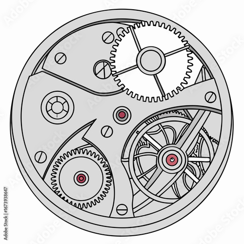 Detailed illustration of a vintage pocket watch movement with intricate gears and mechanisms in a circular frame