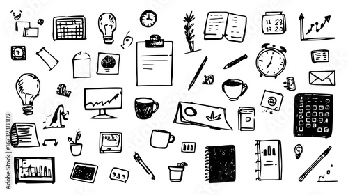 Hand-drawn office supplies and gadgets on a transparent background.