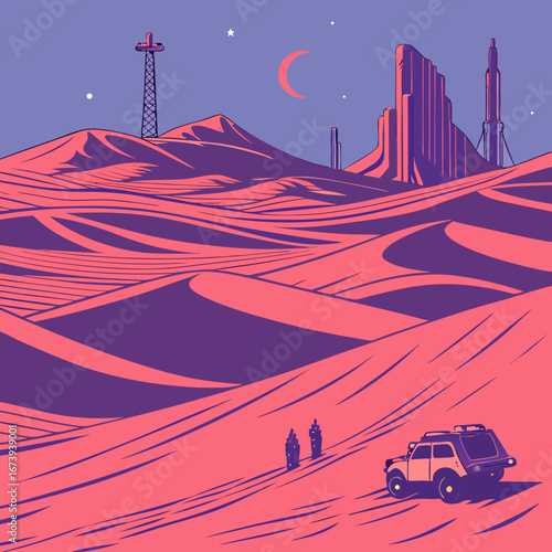 Futuristic desert landscape with a crescent moon stars towering rock formations and a vehicle exploring alien dunes