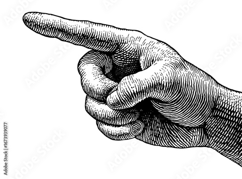 A hand pointing left in a detailed engraved style