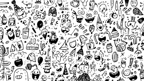 Seamless pattern of hand-drawn doodles featuring various food and drink items, including pizza, burgers, wine glasses, and desserts, on a transparent background.