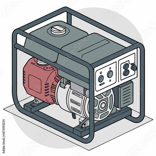 Illustration of a portable gasoline generator with a red engine and control panel with outlets