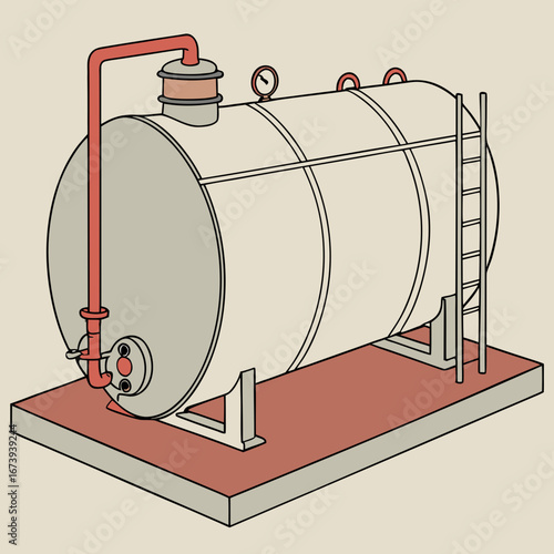 Industrial horizontal storage tank with pipes ladder and pressure gauge on a concrete pad