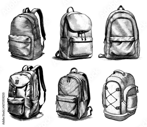 Collection of backpack in woodcut style, black and white
