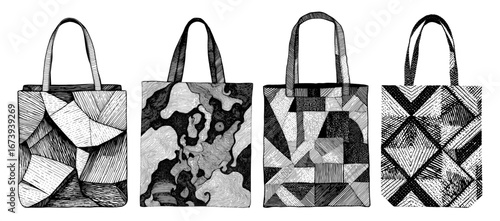 Graphic tote bags in detailed pen-and-ink style, black and white